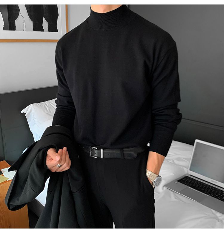 Herretøj højkvalitets halv rullekrave-sweater herre løs afslappet ensfarvet midtkrave strikket bundskjorte langærmet inderside _voghion.com