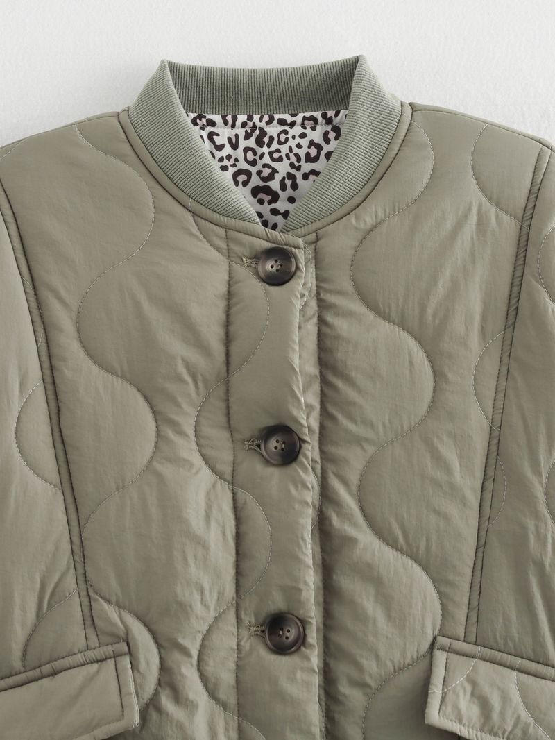 Women's Street Fashion Quilted Puffer Jacket For Autumn Winter - Lightweight Warm Coat With Button Closure, Round Neck, Long Sleeve_voghion.com