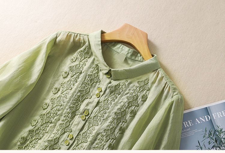 Camicetta vintage da donna in lino e cotone con maniche a sette quarti, con fiori ricamati_voghion.com