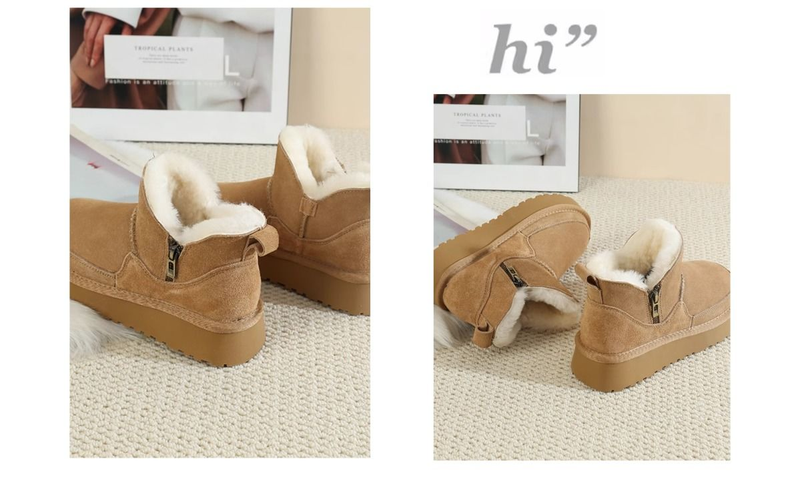 Nordeste com sola grossa de neve com zíper para botas curtas femininas com pele integrada, pelúcia de lã e espessada_voghion.com