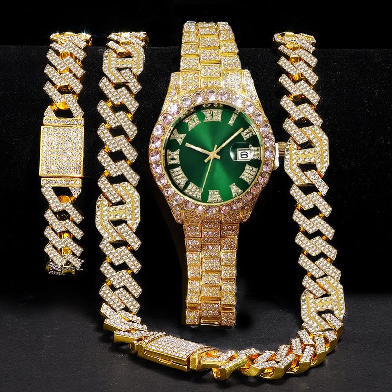 Hip Hop Diamond náhrdelník náramek pánské hodinky Set styl Quartz kalendáře plné diamantové hodinky_voghion.com