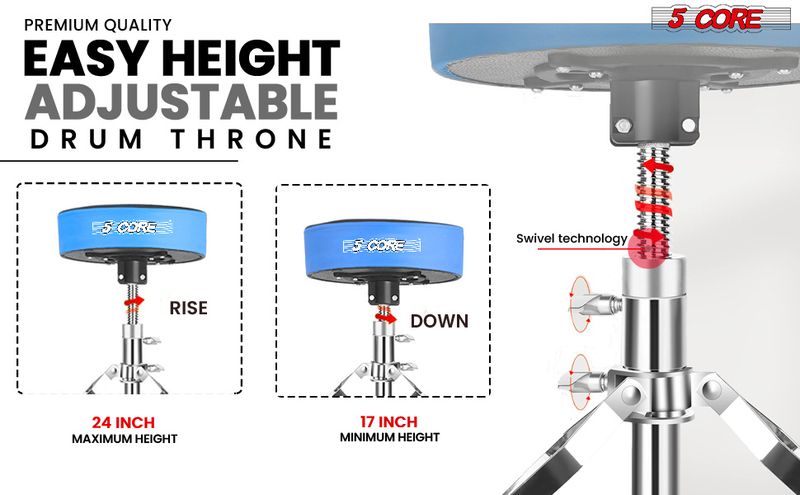 5 CORE Drum Throne Padded Guitar Stool Height Adjustable Heavy Duty Music Chair Seat Universal for Adults & Kids with Anti Slip Rubber Feet - DS CH BL_voghion.com
