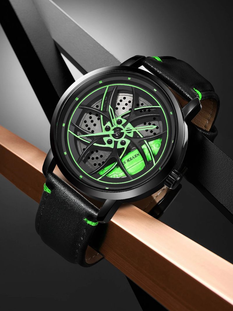 Orologio rotante con cinturino in pelle, tendenza moda, al quarzo, da uomo, con contorno, set di scatole_voghion.com