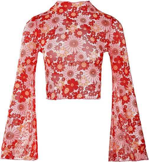 Top corto da donna con maniche a campana in rete floreale, colletto arricciato e orlo a lattuga_voghion.com