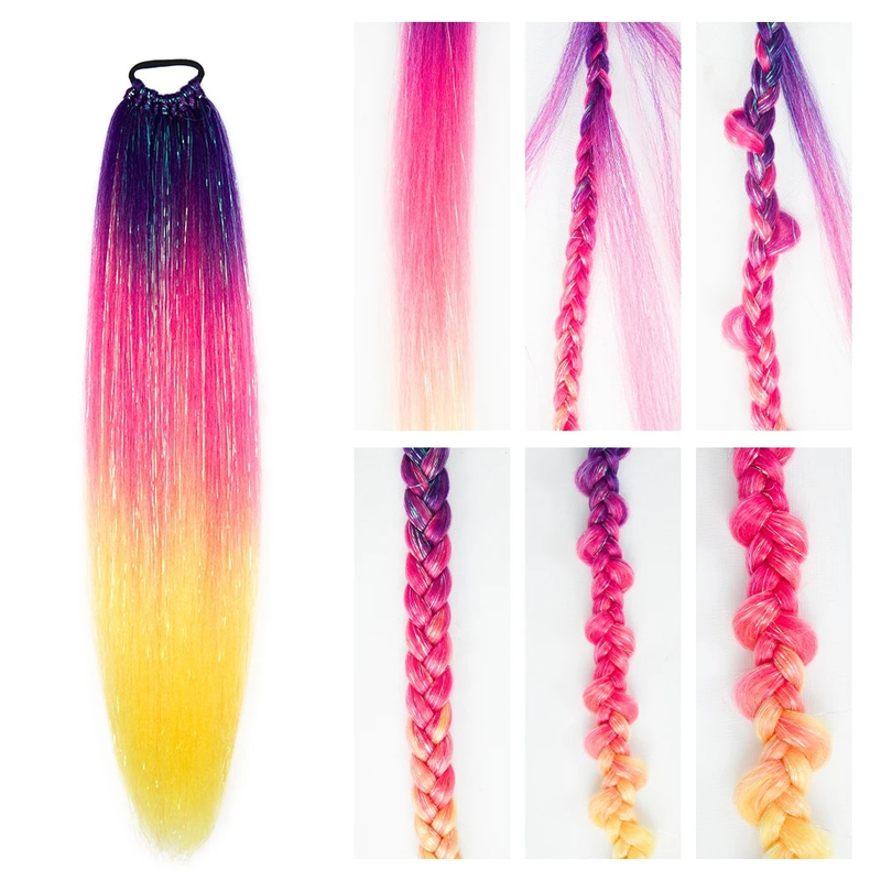 Synthetic Ombre Glitter With Elastic Tie 24Inch Long Jumbo Ponytail Hair Extension For Braiding_voghion.com