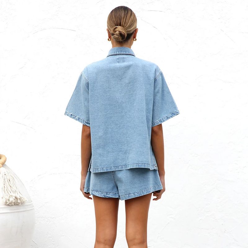 Retro Casual Loose Pocket Short Sleeved Shirt Shorts Denim Two Piece Suit_voghion.com