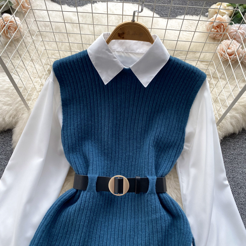 Set de două piese pentru femei, cămașă albă cu mâneci lungi și vestă din tricot despicat_voghion.com