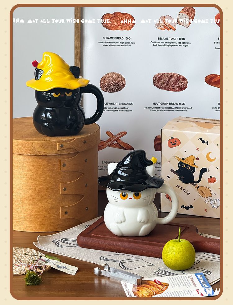 Keramikbecher mit Geisterkatzenmotiv und Deckel – Wasser für Frauen – Neu 2025 – Hochwertiger Becher – Geschenkidee für Zuhause_voghion.com