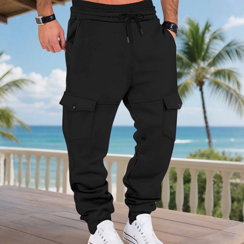 Zware, met fleece gevoerde cargojoggingbroek voor heren – Winterse, relaxte broek met trekkoord en meerdere zakken (100% polyester)_voghion.com