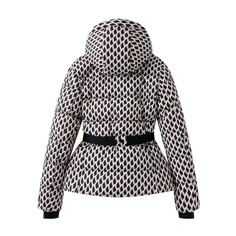 Women's Clothing Women's Stylish Ski-Inspired Hooded Down Jacket With Waist Cinching - Winter Warm Padded Coat In Black/Checkered/Silver/Blue Floral_voghion.com