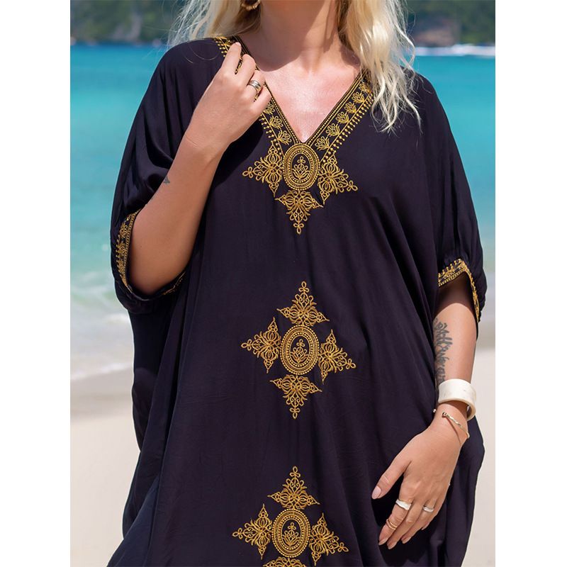 Vêtements d'été pour femmes, robe brodée dorée en coton, confortable, ample, pour les vacances, pour la plage_voghion.com