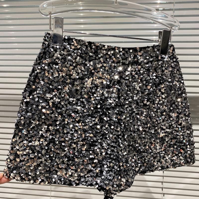 Autumn New Full Sequin Shiny Heavy Zipper Nightclub Socialite Three-Quarter Shorts Hot Pants For Women_voghion.com