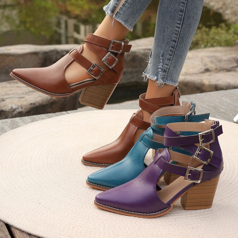 2024 Autumn Winter New High Chunky Heel Pointed Toe Belt Buckle Roman Sandals Women Leather Single Boots Plus Size_voghion.com