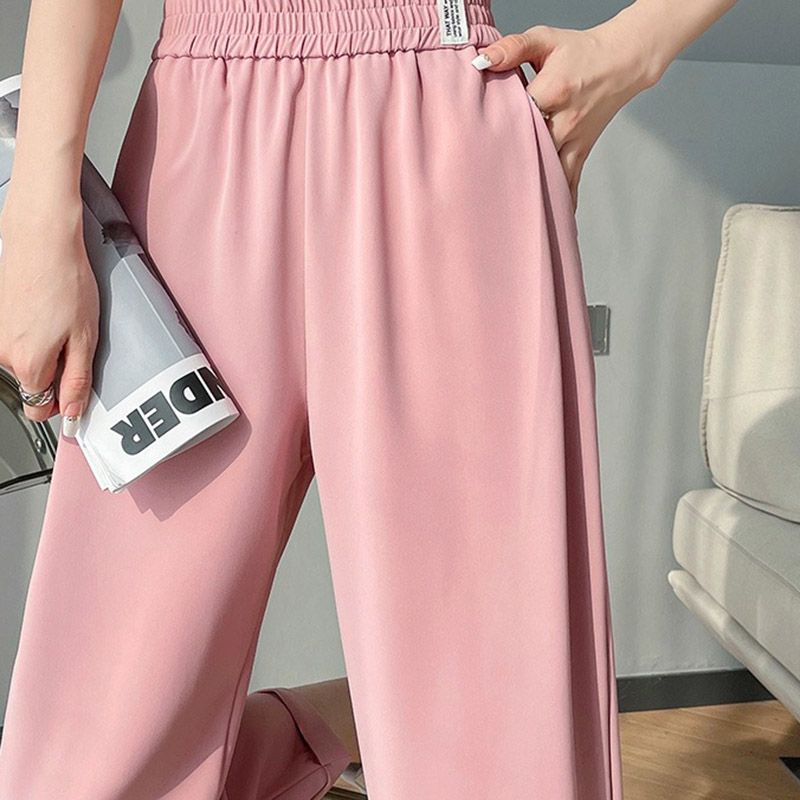 Vente chaude Femmes Été Élégant Concis Rose Pantalon Dame Confortable Baggy Large Taille Haute Pantalon Femme Mode Jambe Droite_voghion.com
