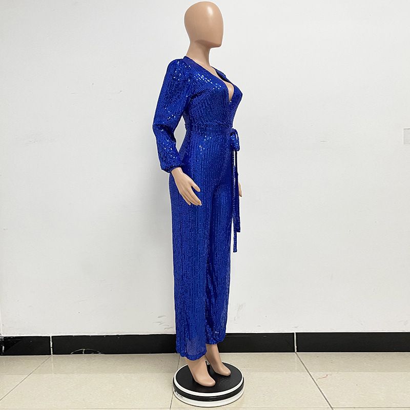 Damkläder Ins Style Deep V Mode Casual Jumpsuit Långärmat Bälte Paljett Jumpsuit Dam_voghion.com