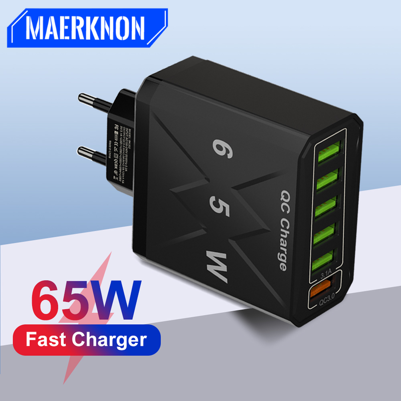 6-poorts 65W snelladende universele USB-lader snelladende 3.0 wandgemonteerde telefoonadapter geschikt voor iPhone_voghion.com