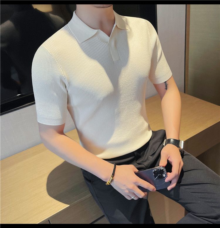 Maglione lavorato a maglia a maniche corte con scollo a V da uomo, colletto a gabbiano, stile business casual britannico, estivo, in seta ghiacciata_voghion.com