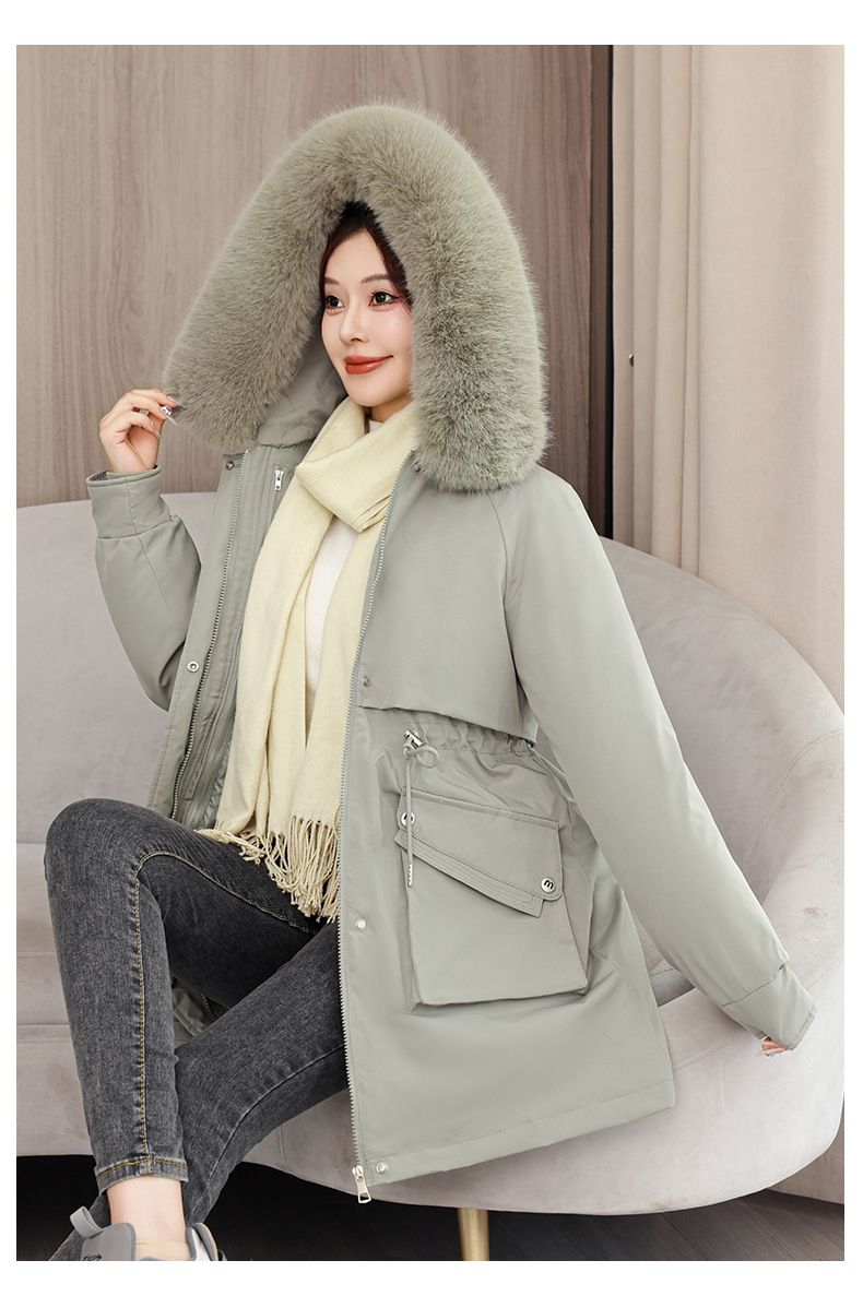 Women's Parka Coat With Detachable Faux Fur Hood, Mid-Length Winter Jacket For Ladies, Warm Quilted Polyester Outerwear With Rabbit Fur Trim_voghion.com