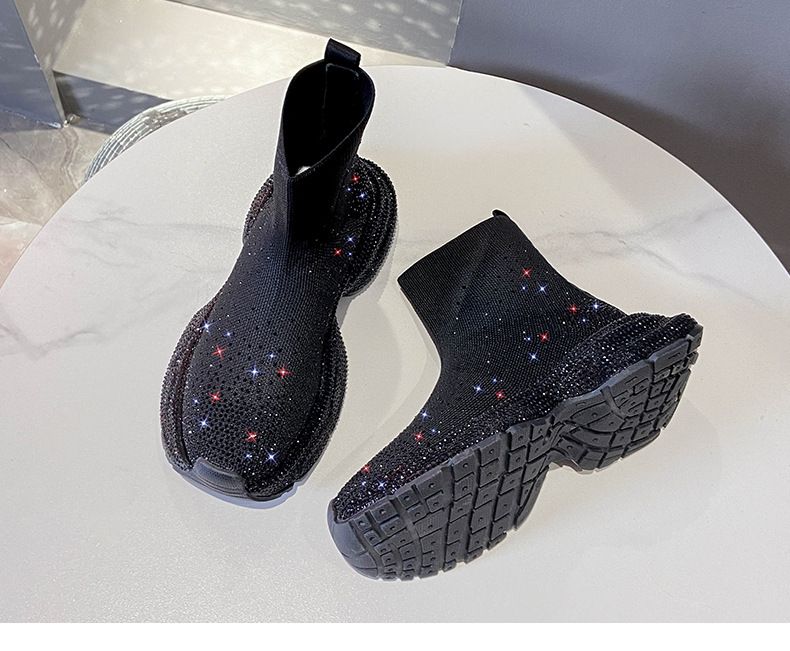 Gestrickte Sockenstiefel für Damen mit Strasssteinen, Slip-On-Sneakers mit dicker Sohle, atmungsaktive, elastische High-Top-Booties für Sommer, Frühling und Herbst_voghion.com