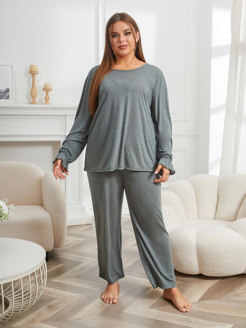 Large Size Pajamas Women's Autumn And Winter Solid Color Loose Long-sleeved Two-piece Loungewear_voghion.com