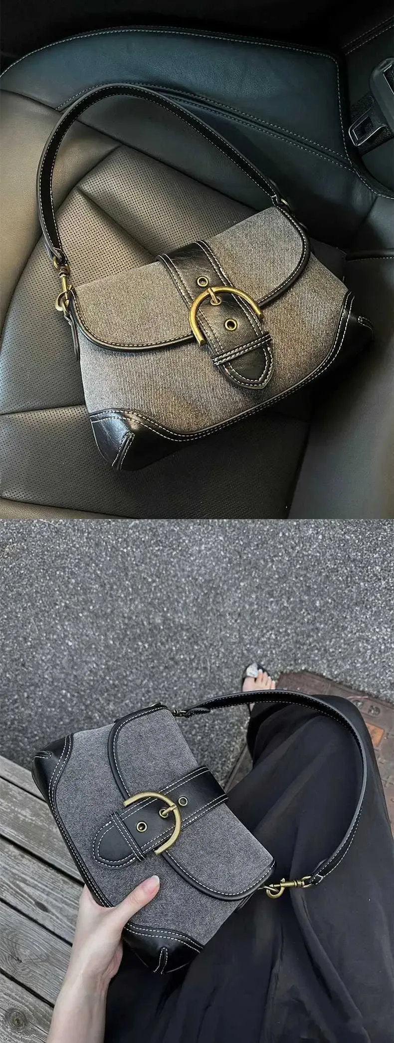 Hot Denim Underarm Bag - Canvas Splicing Design, Envelope Style Handbag For Women_voghion.com