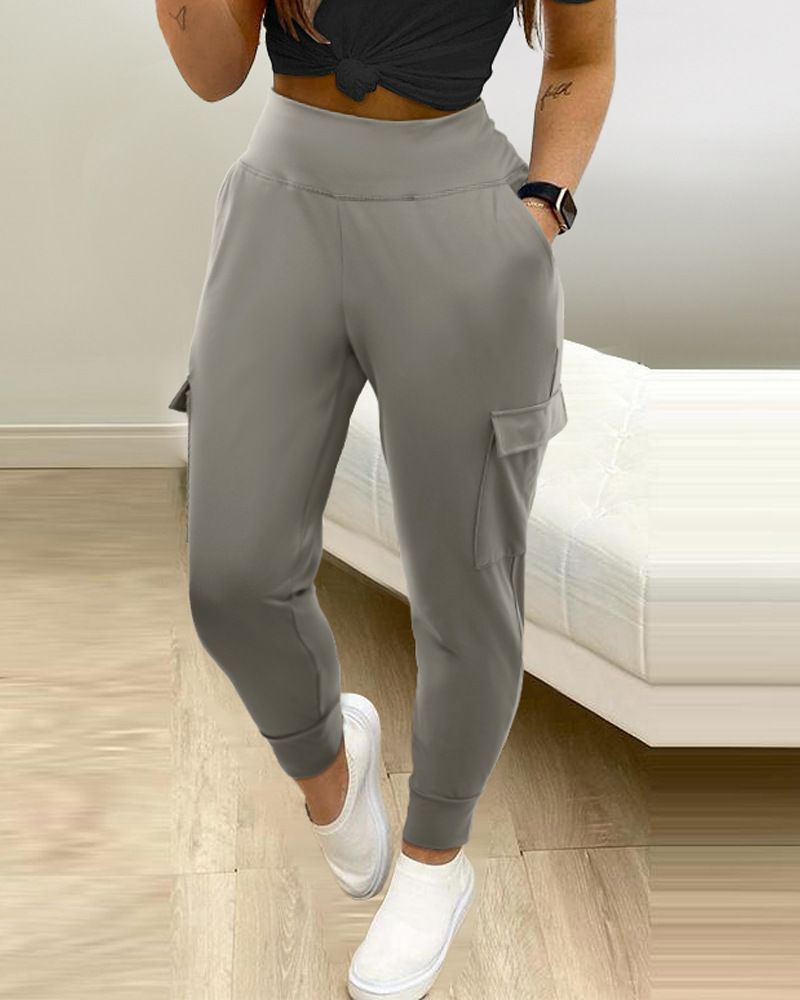 New Tropical Khaki Casual Patch Pocket Elastic Cropped Pants_voghion.com