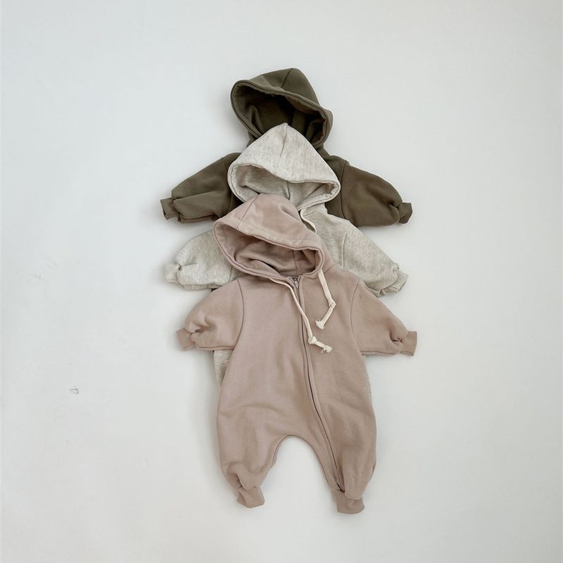 Baby Cotton Soft Oblique Zipper Hooded Long Sleeved Sweater Jumpsuit Korean Version Of The Baby Jumpsuit_voghion.com