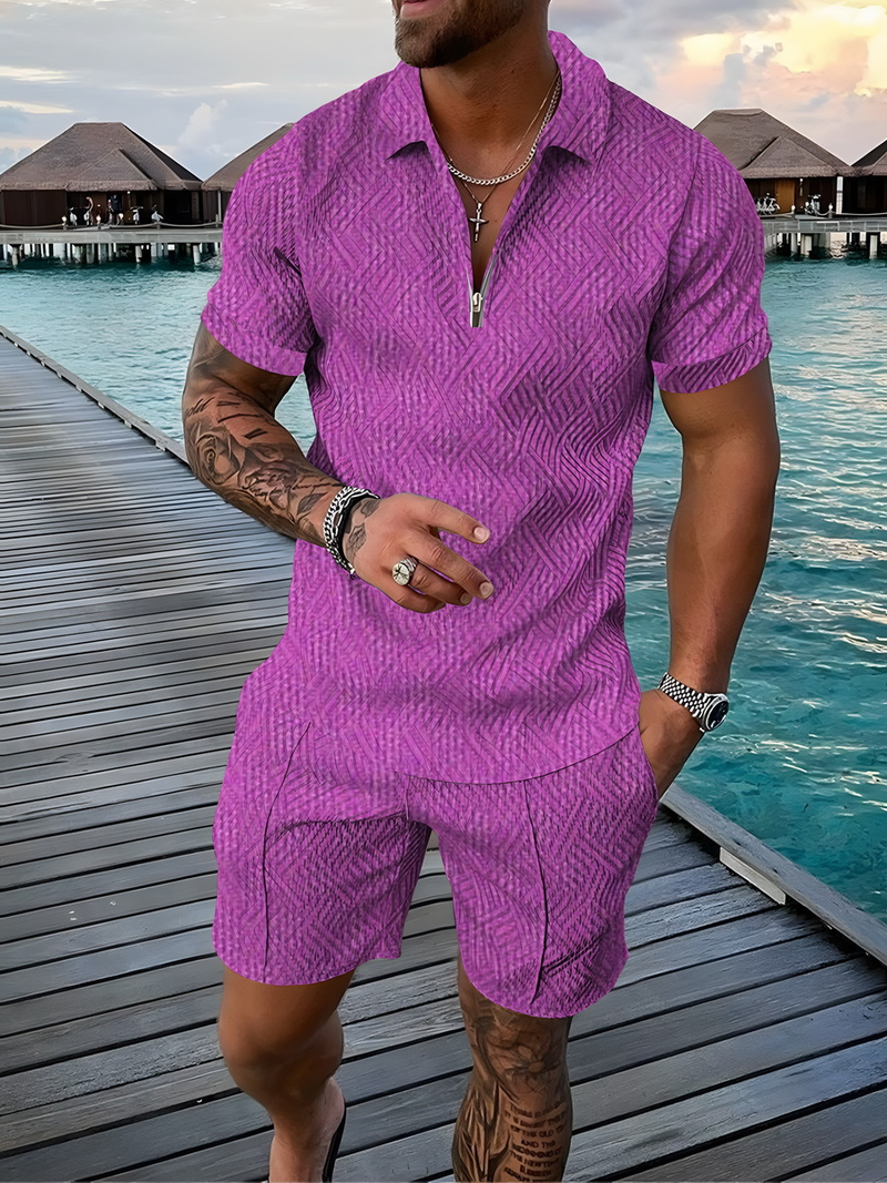 Sommer Bunte Patch Herren Zweiteiler Sets Täglich Lässig Outdoor Reisen Poloshirt Shorts Anzug Übergroße Revers Reißverschluss Männliche Kleidung_voghion.com