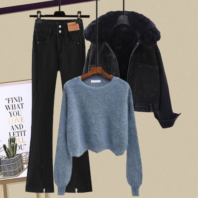 Damkläder Plus Size Dam höst- och vinterkostymer 2024 Nya förtjockade kappor Kvinnors mångsidiga stickade tröjor Jeans Tredelade kostymer_voghion.com