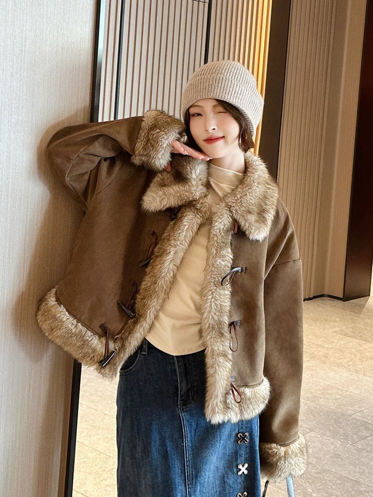 2024 Shearling Pelzmantel für Frauen Herbst Winter Melad Spleißen Lose Hornknopf Umlegekragen Jacke_voghion.com