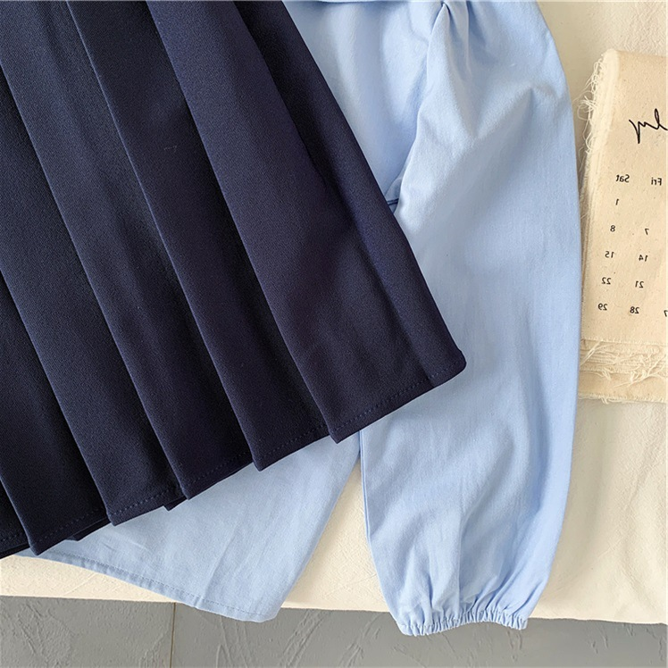 Abbigliamento per bambini, set autunnale per ragazze, graziosa camicia universitaria feng shui+gonna gilet in stile britannico blu navy_voghion.com