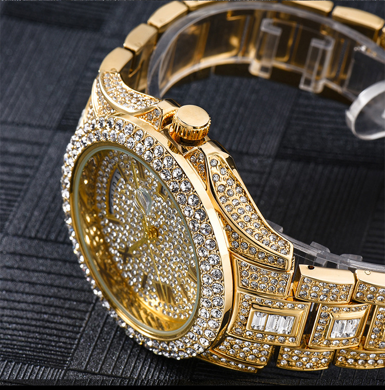 MISSFOX Dual Calendar New Full Diamond Luxury Men's Quartz Gentlemen's Watch Gold Fashion_voghion.com
