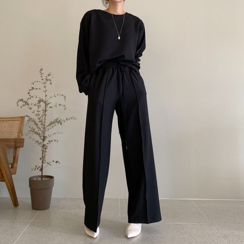 Damenbekleidung Frühfrühling Lazy Loose Sweater Hohe Taille Cover Meat Lässiger Hosenanzug mit weitem Bein für Damen_voghion.com
