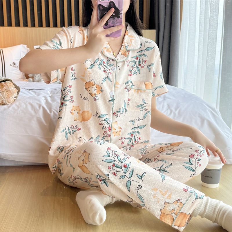 Pigiama da donna estivo in cotone a bolle intrecciato, tessuto stropicciato, stile principessa, carino, pantaloni a maniche corte, sottile, completo da casa_voghion.com