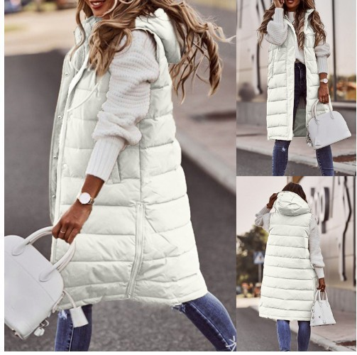 Gilet lungo in cotone senza maniche, con cappuccio, temperamento sottile, tinta unita, moda e tempo libero da donna_voghion.com