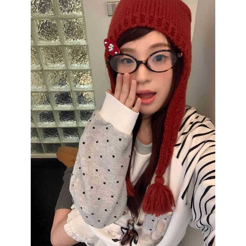 Maglione lavorato a maglia con paraorecchie a forma di cuore, in stile coreano, per donna, caldo e alla moda, con nappe, per autunno e inverno_voghion.com