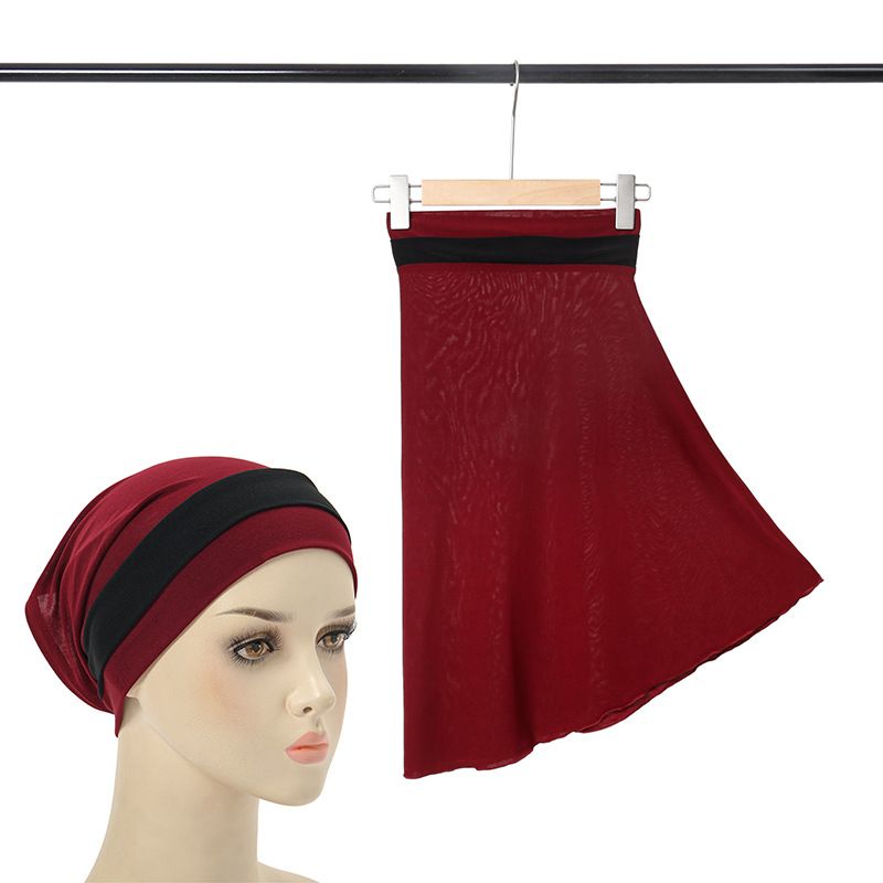 two-color stitching turban hat Muslim big hat two-piece set women's four-season pullover hat in stock_voghion.com