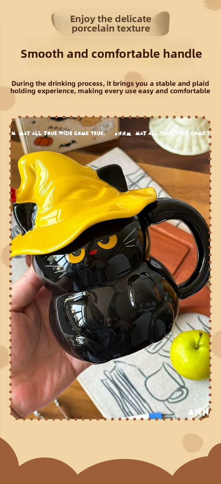 Keramikbecher mit Geisterkatzenmotiv und Deckel – Wasser für Frauen – Neu 2025 – Hochwertiger Becher – Geschenkidee für Zuhause_voghion.com