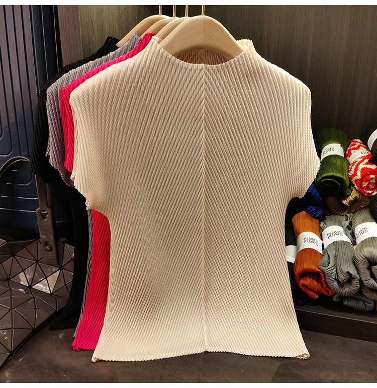 T-shirt à manches courtes et col montant pour femme, couleur unie, plissé, motif écailles de dragon, haut de gamme, polyvalent et amincissant_voghion.com