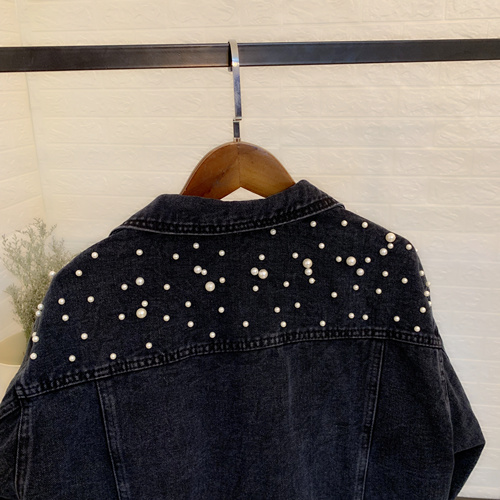 Chaqueta vaquera de manga larga para mujer, chaqueta vaquera holgada con botones y perlas, solapa corta, informal salvaje, entrega rápida, novedad de otoño de 2023_voghion.com