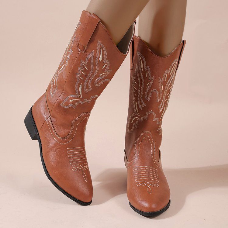 2023 New Chunky Heel Western Cowboy V-Cut Embroidered Slip-On Mid-Calf Pointed Toe Riding Boots_voghion.com