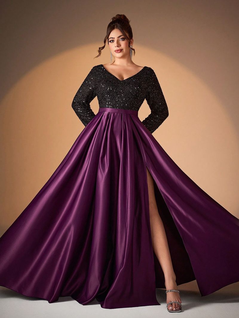 Elegante vestido de noche de satén negro con lentejuelas, escote en V y mangas largas para mujer: perfecto para fiestas, galas y ocasiones especiales._voghion.com