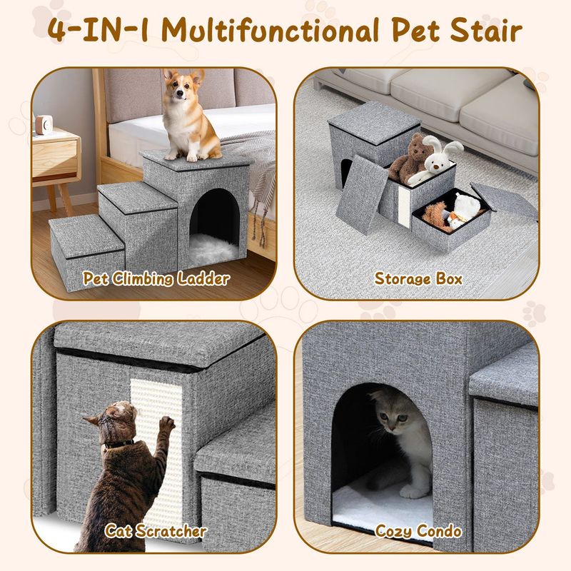 Dog Stairs For Bed And Couch 42cm H, Foldable Dog Stairs For Small Older Dogs Cats, 4 In 1 Adjustable Pet Cat Stairs Steps With Storage, Dog Ramps With Condo, Cat Scratcher, Hold Up To 180LBS_voghion.com