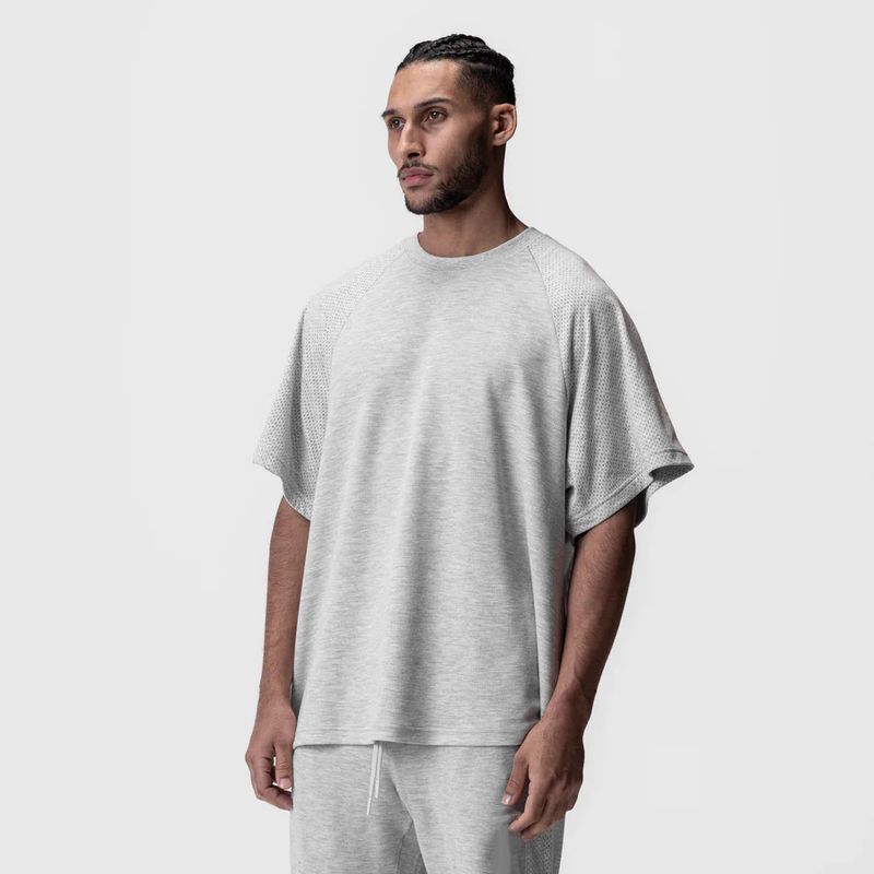 T-shirt de sport à manches courtes pour homme, style européen d'été, avec empiècement en maille gaufrée, séchage rapide, respirant et tendance._voghion.com