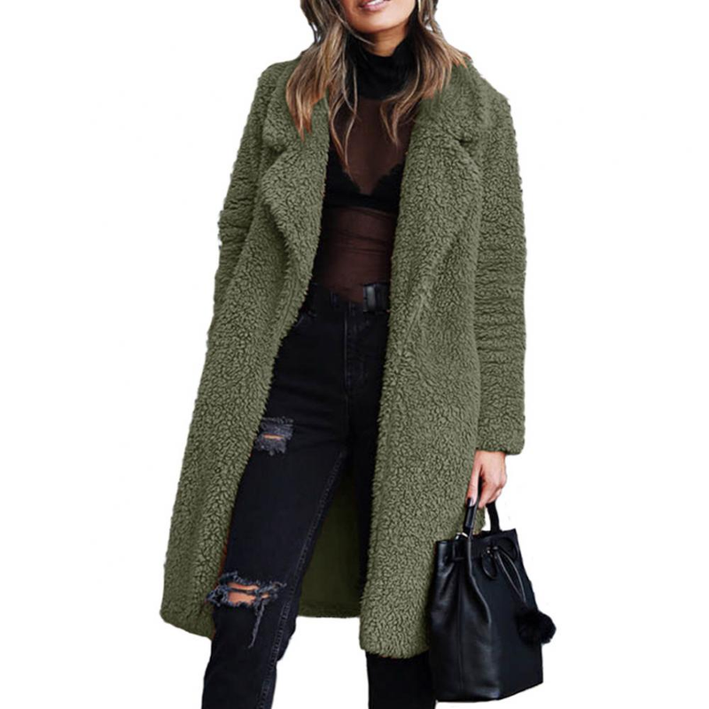 New Autumn Winter Polyester Spandex Women Winter Thicken Plush Lapel Solid Color Long Sleeve Warm Cardigan Midi Coat_voghion.com