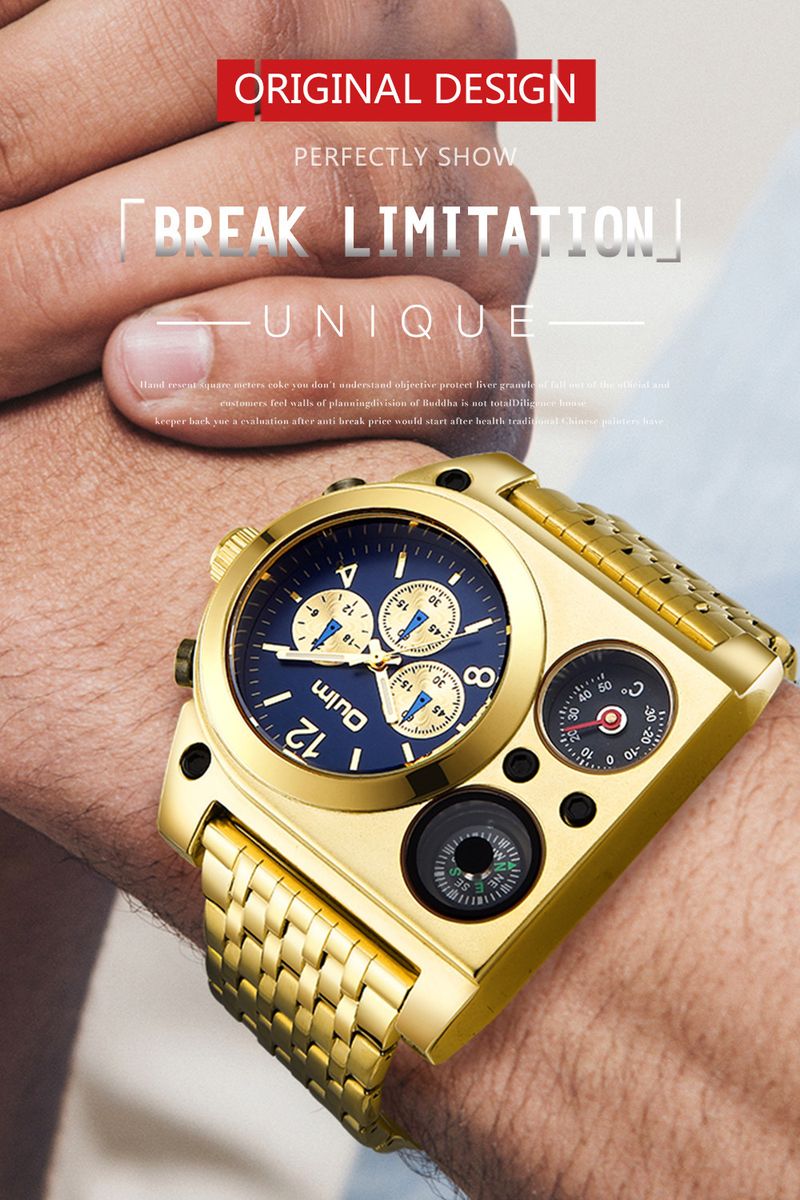 Erkekler İçin Büyük Kadranlı Paslanmaz Çelik Kuvars Saat Pusula Termometreli - Altın ve Siyah Seçenekler Büyük Kadranlı Çelik Bantlı Kuvars Saat Kişiselleştirilmiş Saat_voghion.com