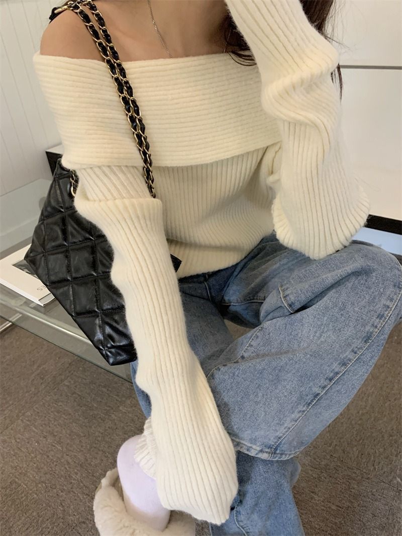 Schulterfreier Strickpullover für Damen – Weiche Schafwollmischung, lockere Passform, eleganter und sexy Langarmpullover (Schwarz, Weiß, Grau)_voghion.com