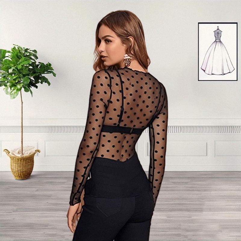 Maglietta in pizzo da donna, top in rete trasparente, maglietta di base trasparente_voghion.com