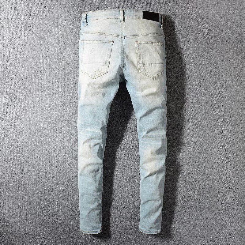 Herrenbekleidung High Street Fashion Marke Old Patch Paint Graffiti Hole Elastische Slim Washed Light Color Jeans_voghion.com