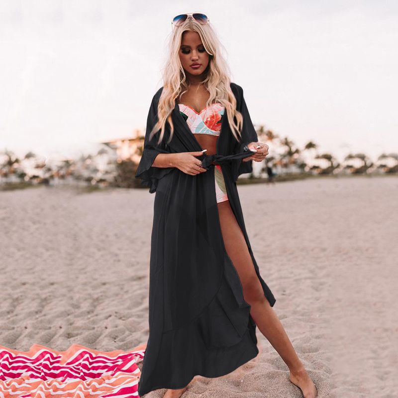 Women’s Chiffon Beach Cover-Up – Long Bikini Swimsuit Jacket (One Size, Orange-Pink Gradient, UV Protection & Boho Style)_voghion.com